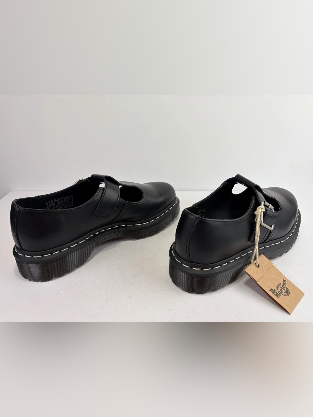 Dr. Martens Black Leather T-Bar Mary Jane White Stitching W8 M9 Unisex - Picture 4 of 5